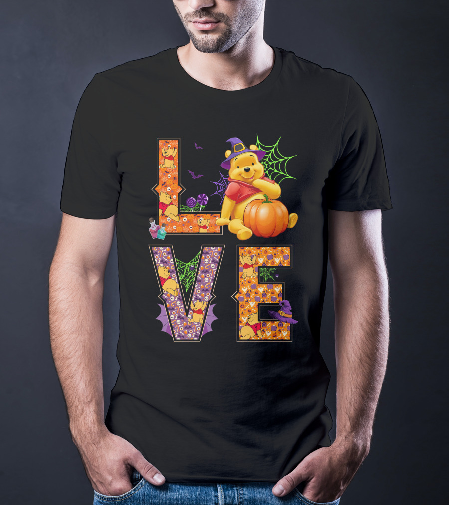 Pooh Halloween Love With Pumpkins And Spider Webs T-Shirt
