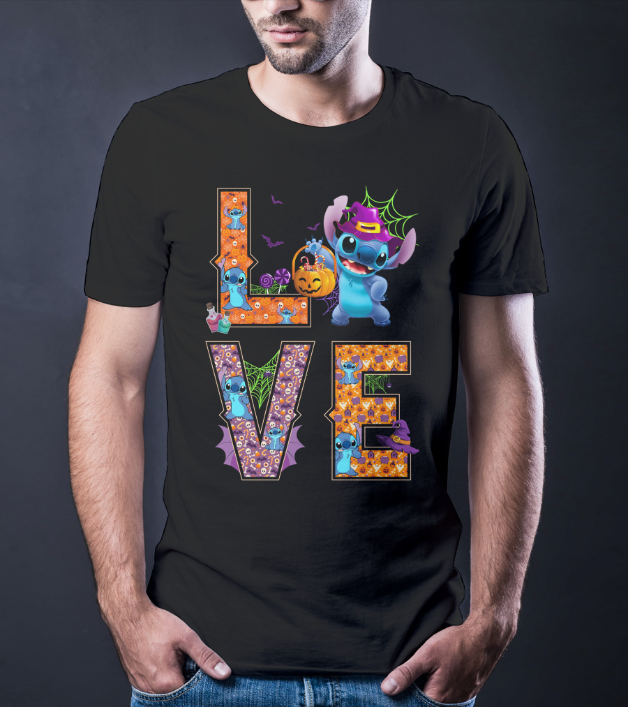 Stitch Halloween Love With Witch Hat And Pumpkin T-Shirt
