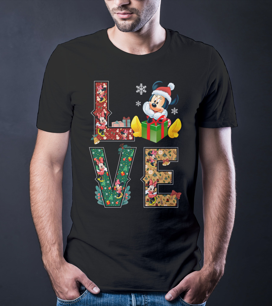 Minnie Christmas Love Santa Hat Holiday Gifts Snowflakes T-Shirt