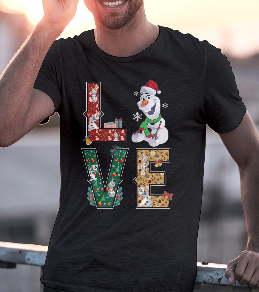 Love Olaf Christmas Snowman Santa Hat Scarf Snowflake Gifts T-Shirt