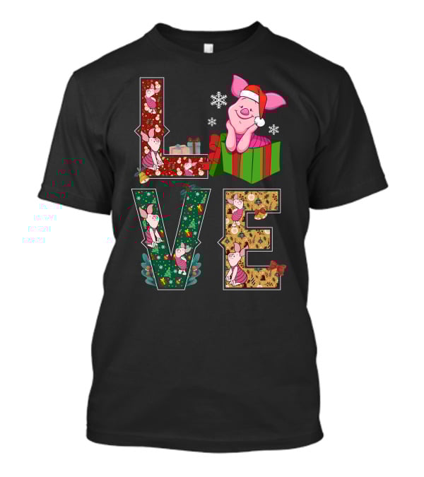 Piglet Christmas Love Santa Hat Gift Box Snowflakes T-Shirt