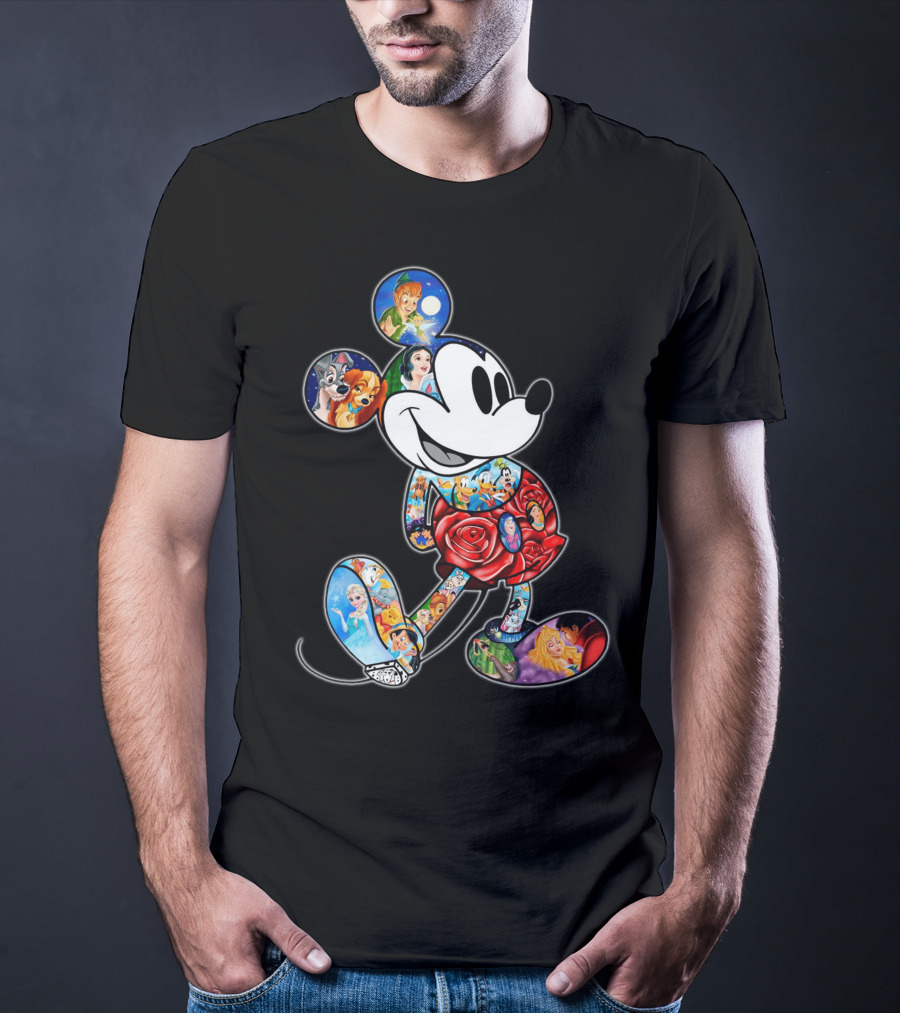 Mickey Mouse Collage Featuring Classic Disney Characters T-Shirt