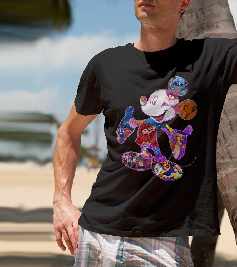 Mickey Mouse Collage Featuring Disney Characters From Lilo & Stitch The Lion King Finding Nemo Winnie The Pooh The Little Mermaid Beauty And The Beast T-Shirt
