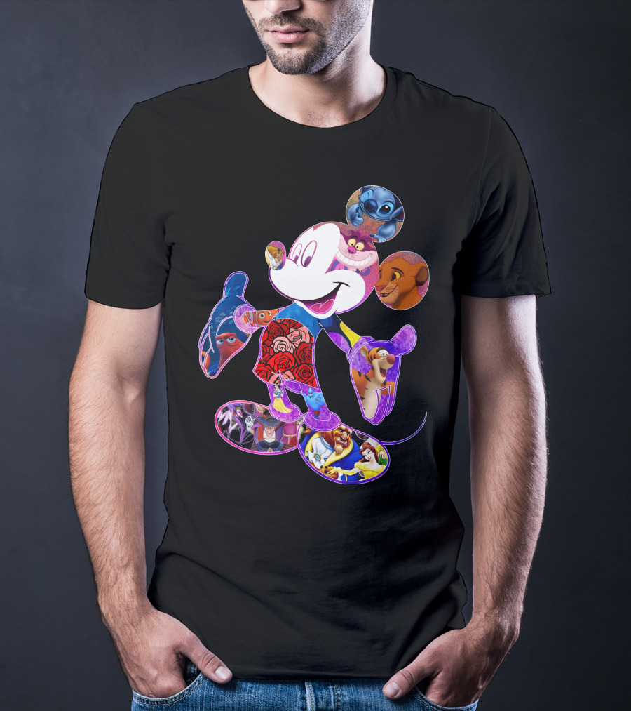 Mickey Mouse Collage Featuring Disney Characters From Lilo & Stitch The Lion King Finding Nemo Winnie The Pooh The Little Mermaid Beauty And The Beast T-Shirt