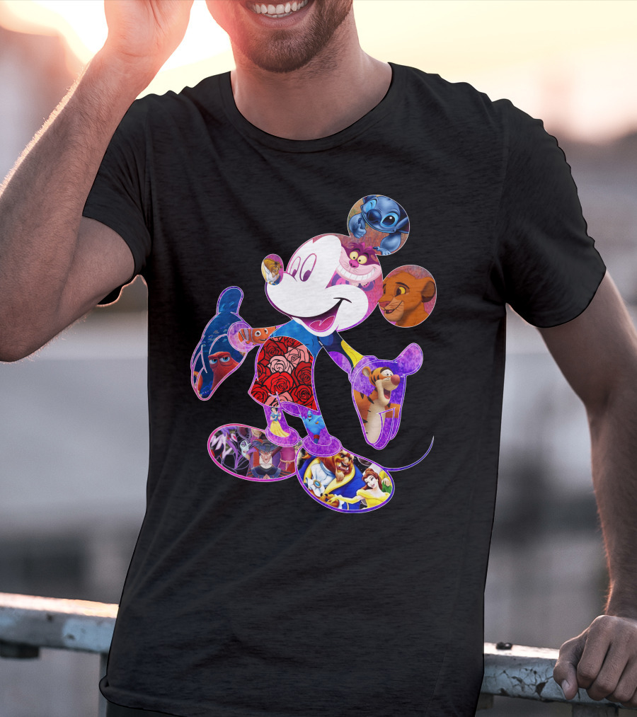 Mickey Mouse Collage Featuring Disney Characters From Lilo & Stitch The Lion King Finding Nemo Winnie The Pooh The Little Mermaid Beauty And The Beast T-Shirt