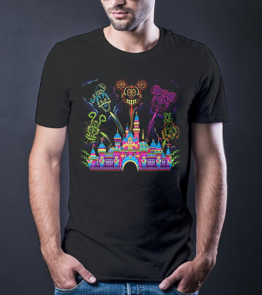 Disney Neon Fireworks Castle Mickey Minnie Goofy T-Shirt