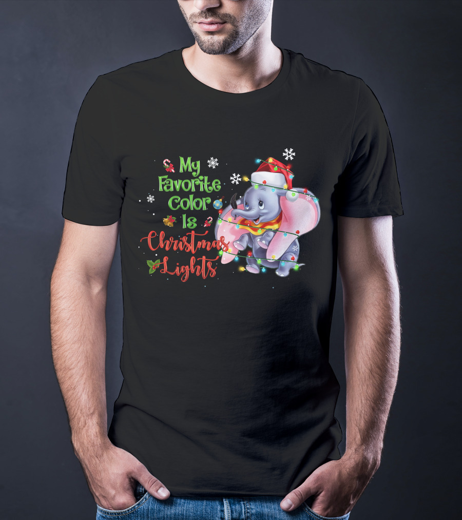 My Favorite Color Is Christmas Lights Dumbo Elephant Santa Hat Snowflakes Garland T-Shirt