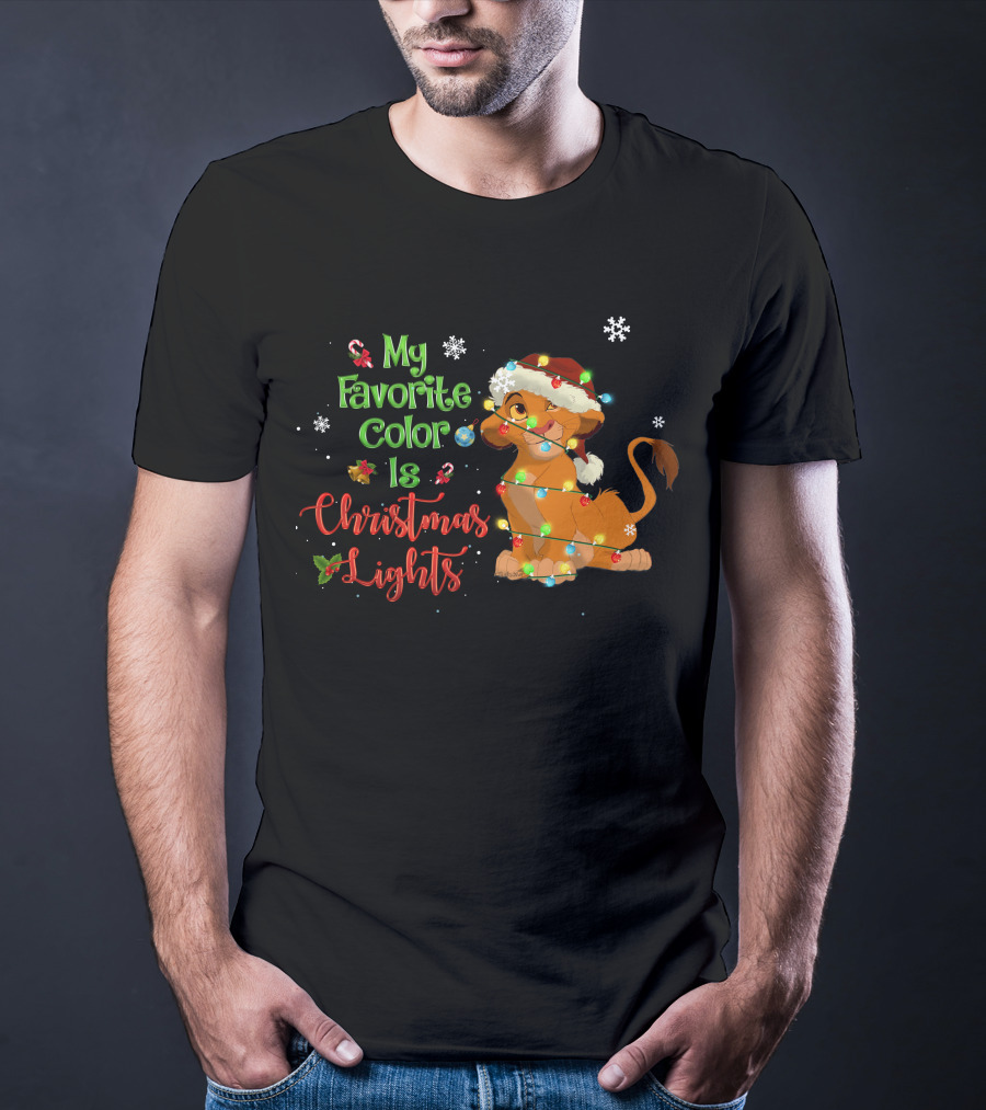 My Favorite Color Is Christmas Lights Simba Santa Hat Snowflakes T-Shirt