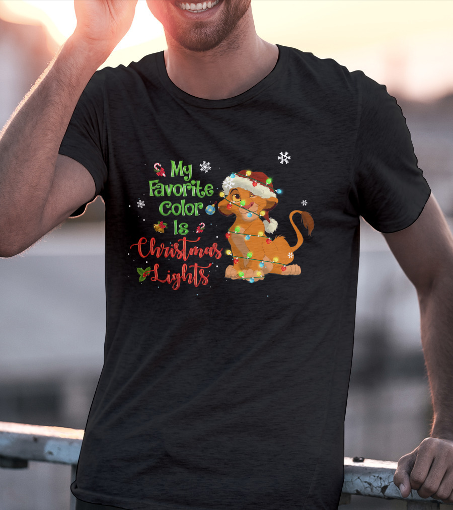My Favorite Color Is Christmas Lights Simba Santa Hat Snowflakes T-Shirt