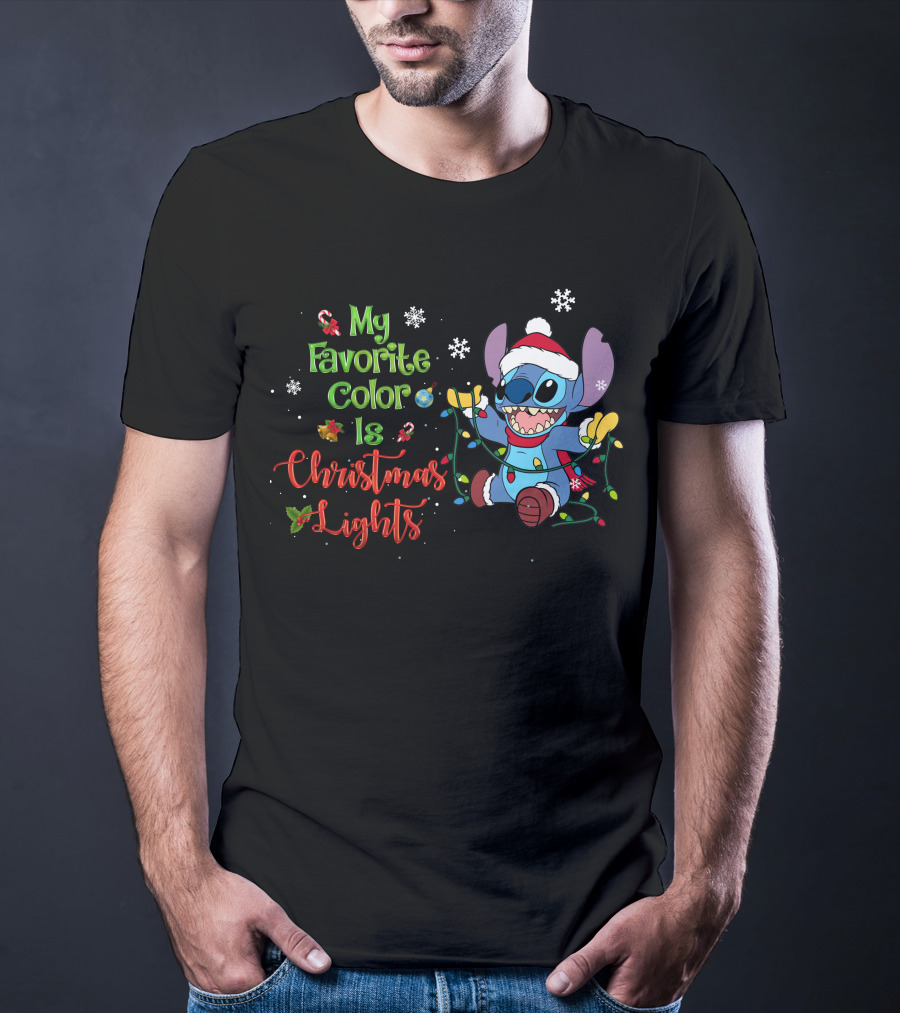 My Favorite Color Is Christmas Lights Stitch Holiday Lights Snowflakes Santa Hat T-Shirt