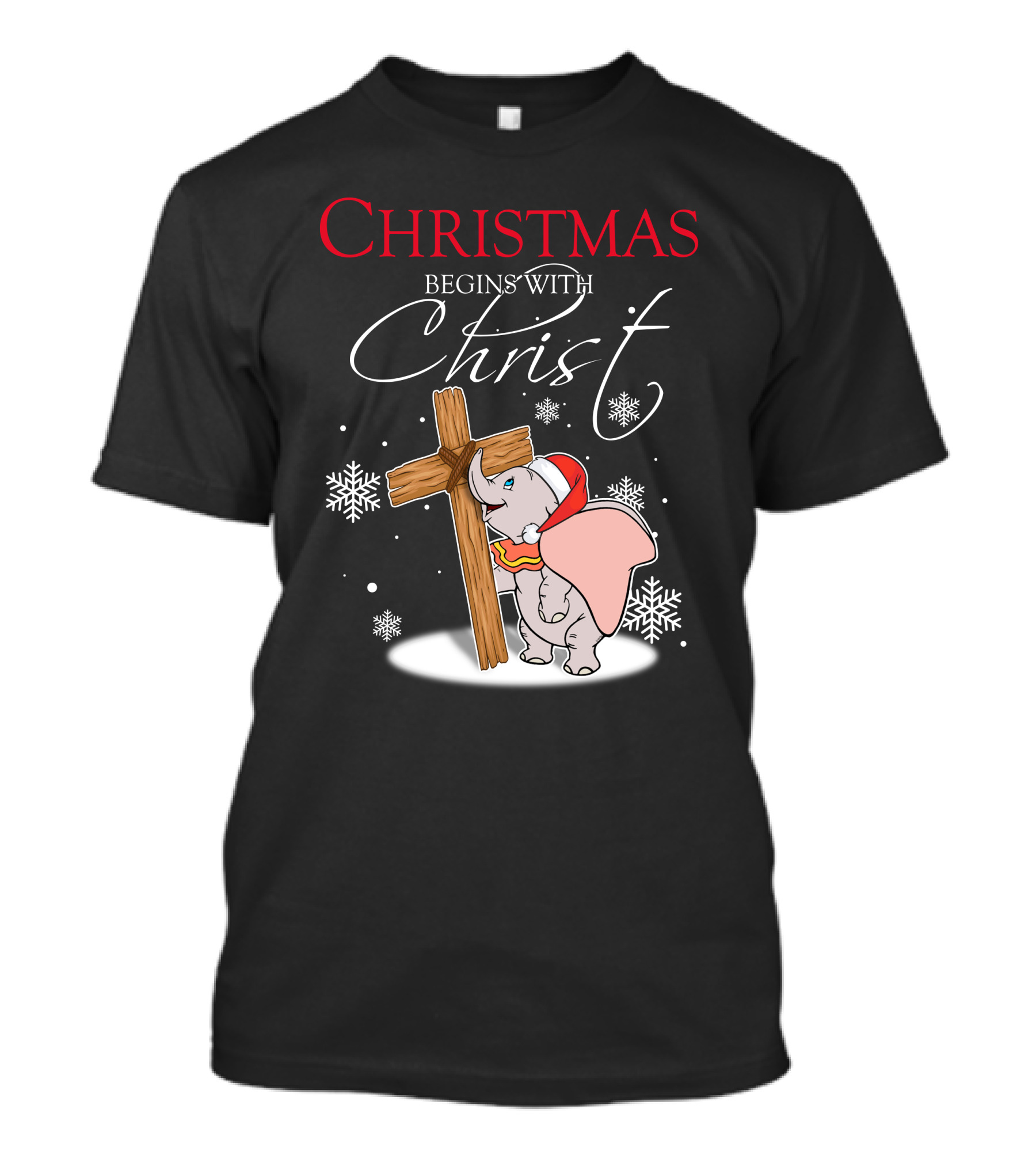 Christmas Begins With Christ Dumbo Santa Hat Cross Snowflakes T-Shirt