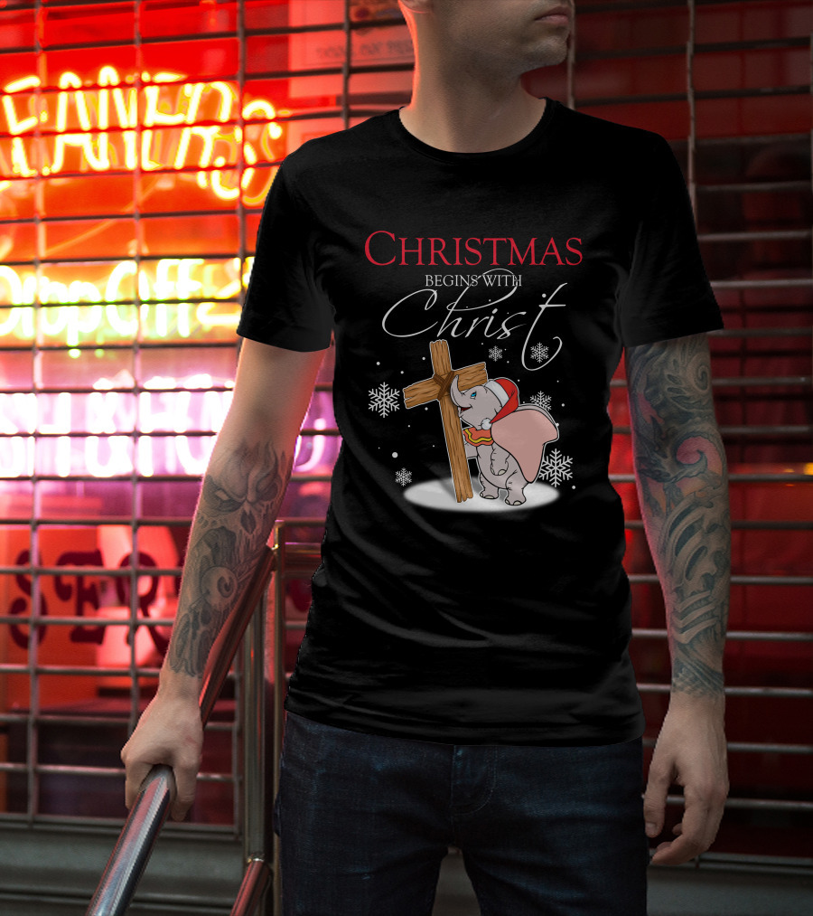 Christmas Begins With Christ Dumbo Santa Hat Cross Snowflakes T-Shirt