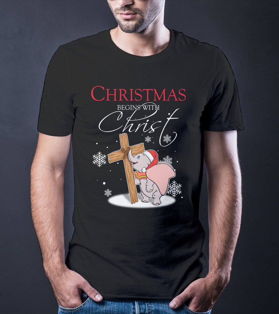 Christmas Begins With Christ Dumbo Santa Hat Cross Snowflakes T-Shirt
