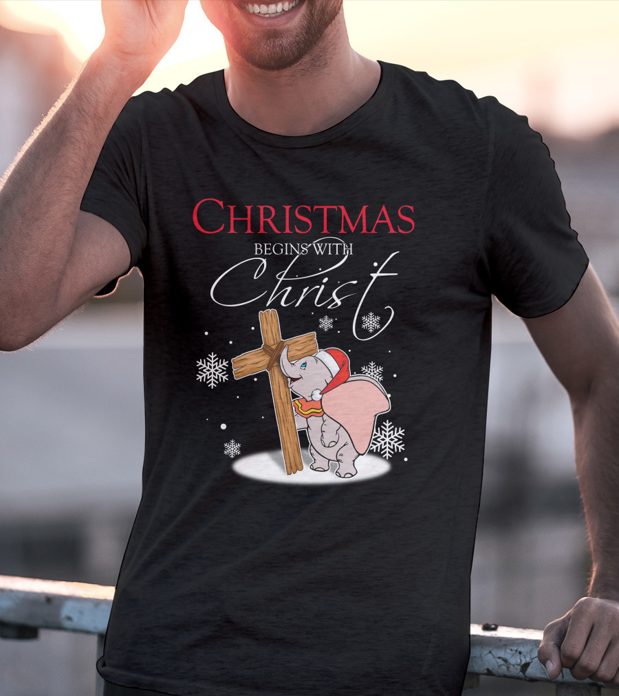 Christmas Begins With Christ Dumbo Santa Hat Cross Snowflakes T-Shirt