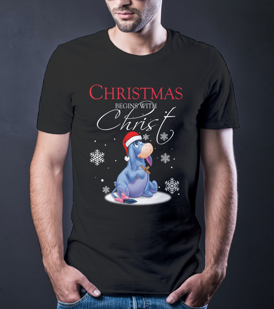 Christmas Begins With Christ Eeyore Santa Hat Snowflakes T-Shirt
