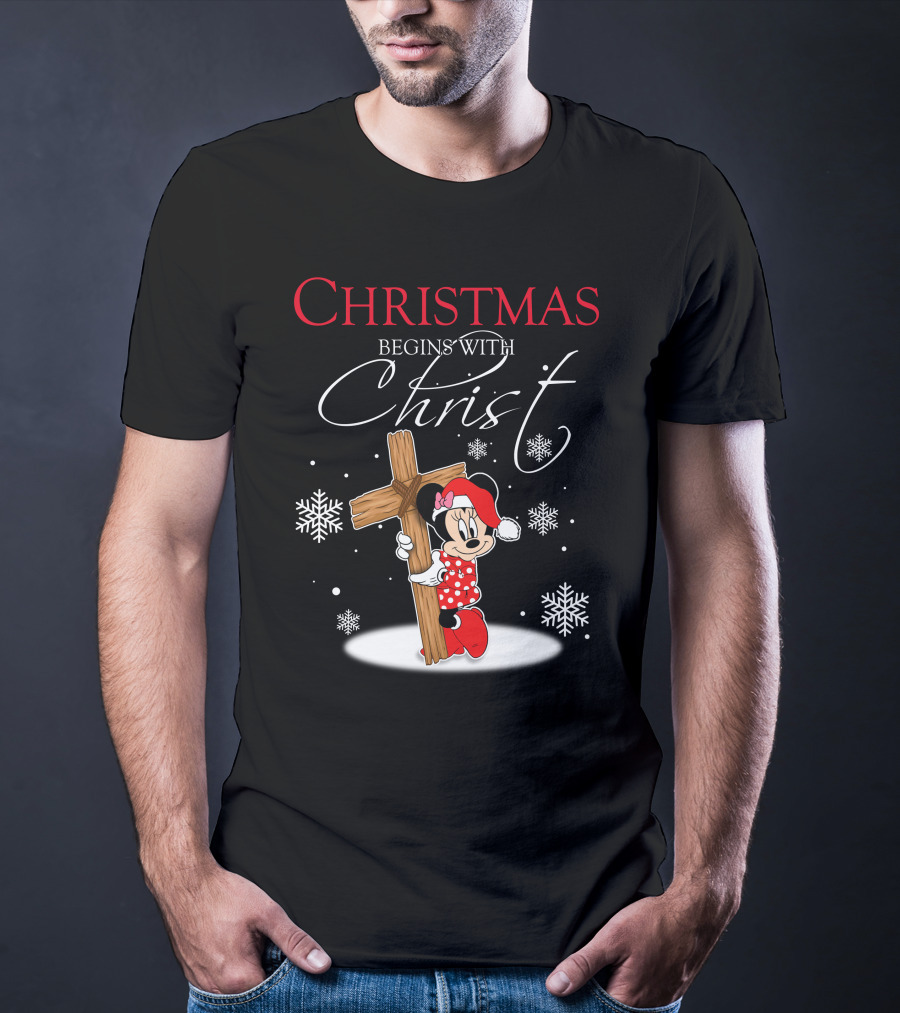 Christmas Begins With Christ Minnie Santa Hat Snowflakes T-Shirt