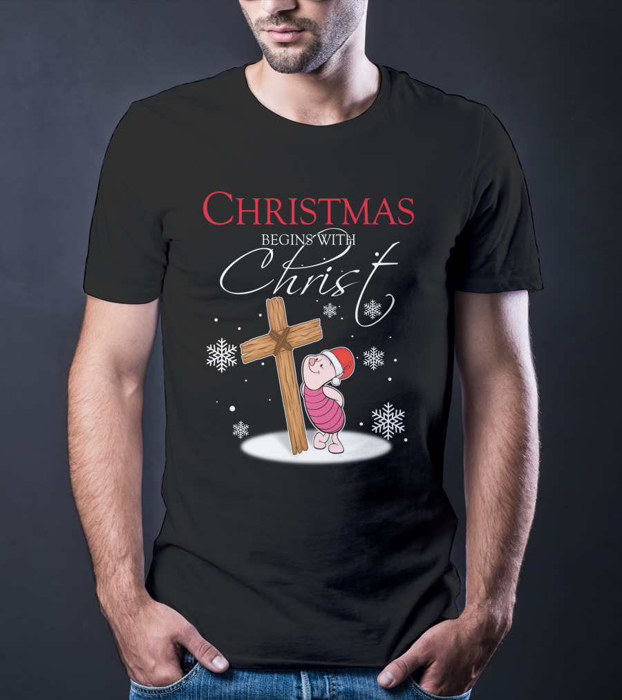 Christmas Begins With Christ Piglet Santa Hat Snowflakes T-Shirt