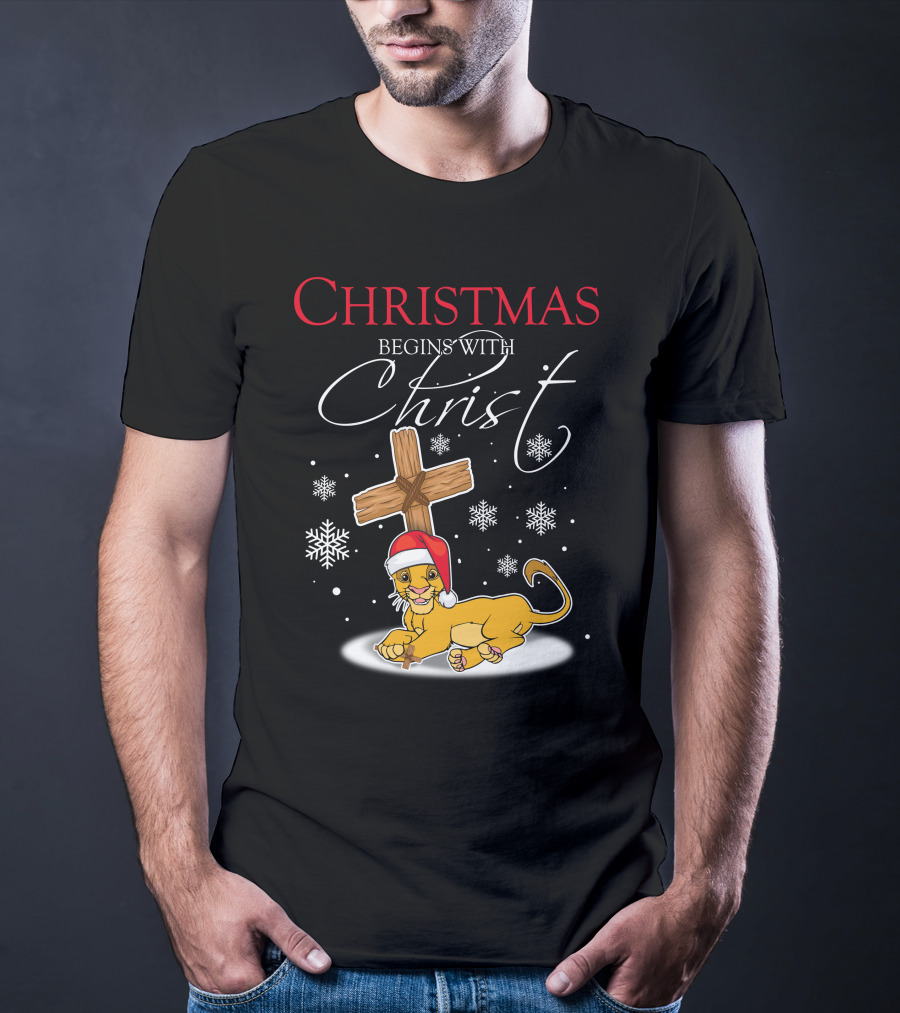 Christmas Begins With Christ Simba Snowflakes Santa Hat T-Shirt