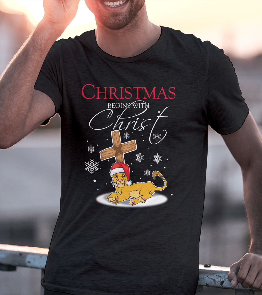 Christmas Begins With Christ Simba Snowflakes Santa Hat T-Shirt
