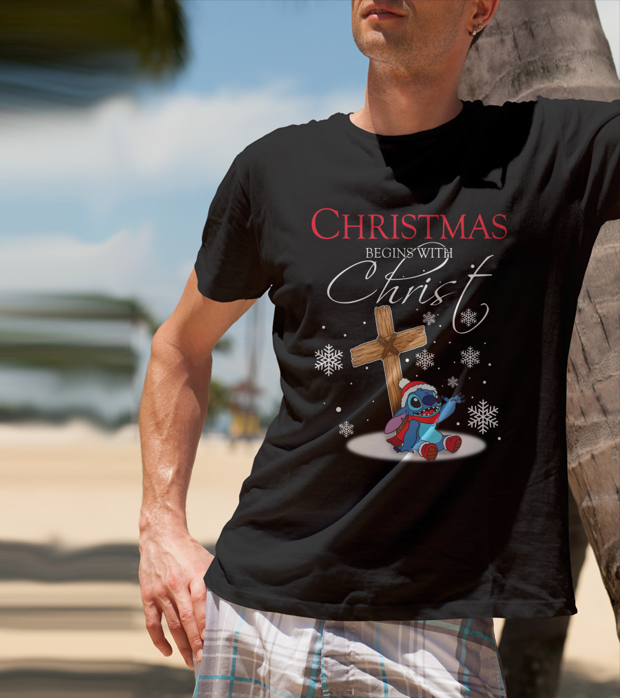 Christmas Begins With Christ Stitch Snowflakes T-Shirt