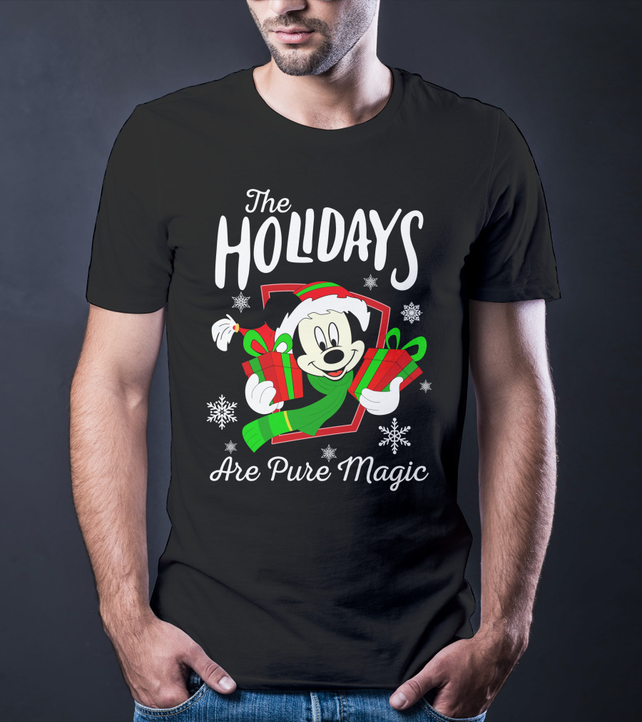 The Holidays Are Pure Magic Mickey Mouse Holding Gifts Snowflakes T-Shirt