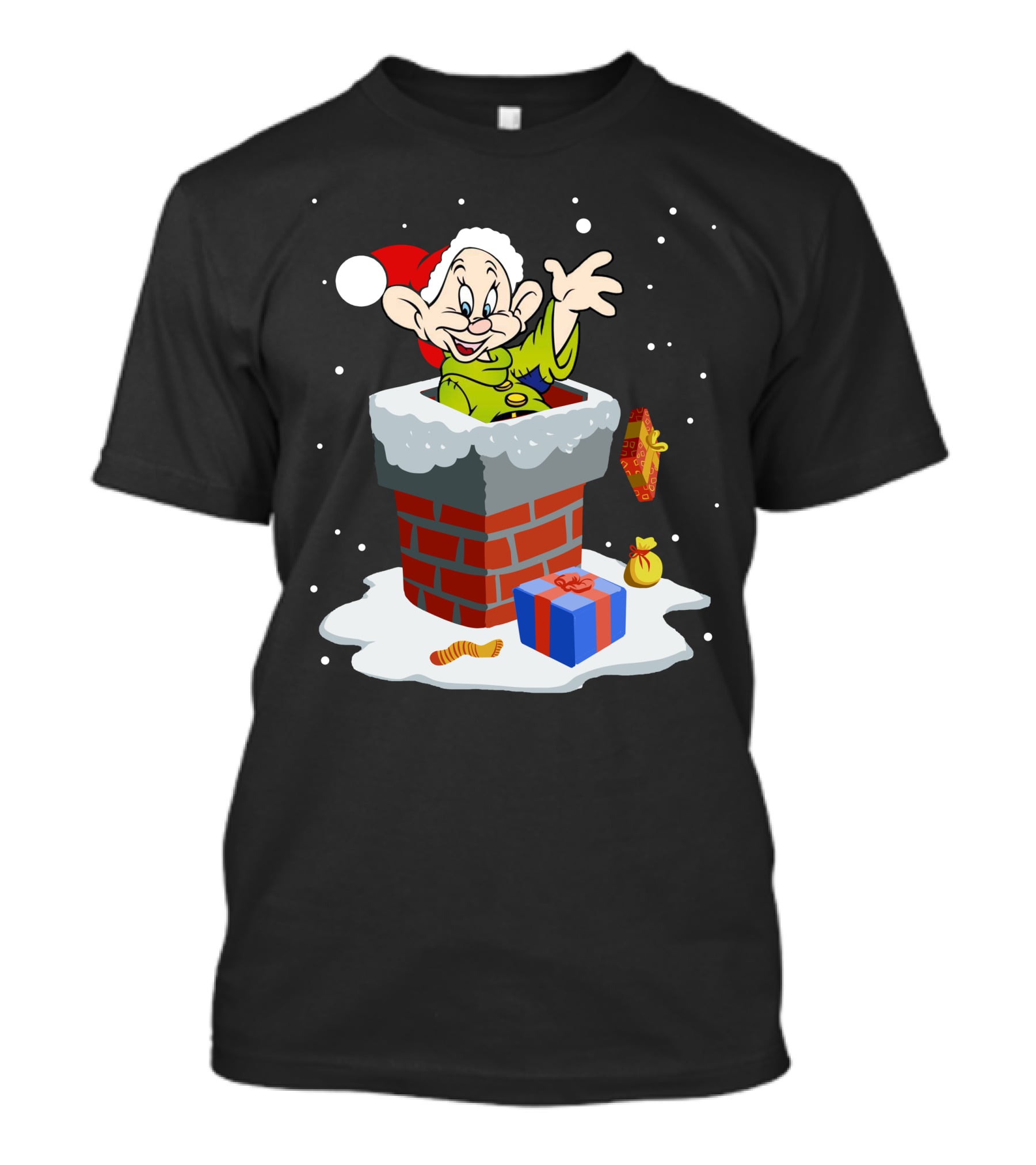 Dopey Santa Chimney Christmas Gifts Snow Scene T-Shirt