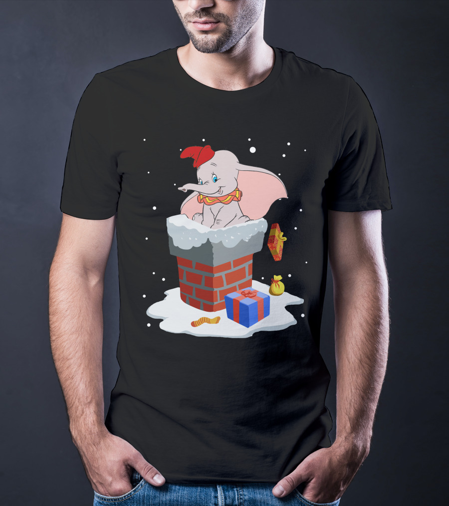 Dumbo Christmas Chimney Scene With Gifts And Snowflakes T-Shirt
