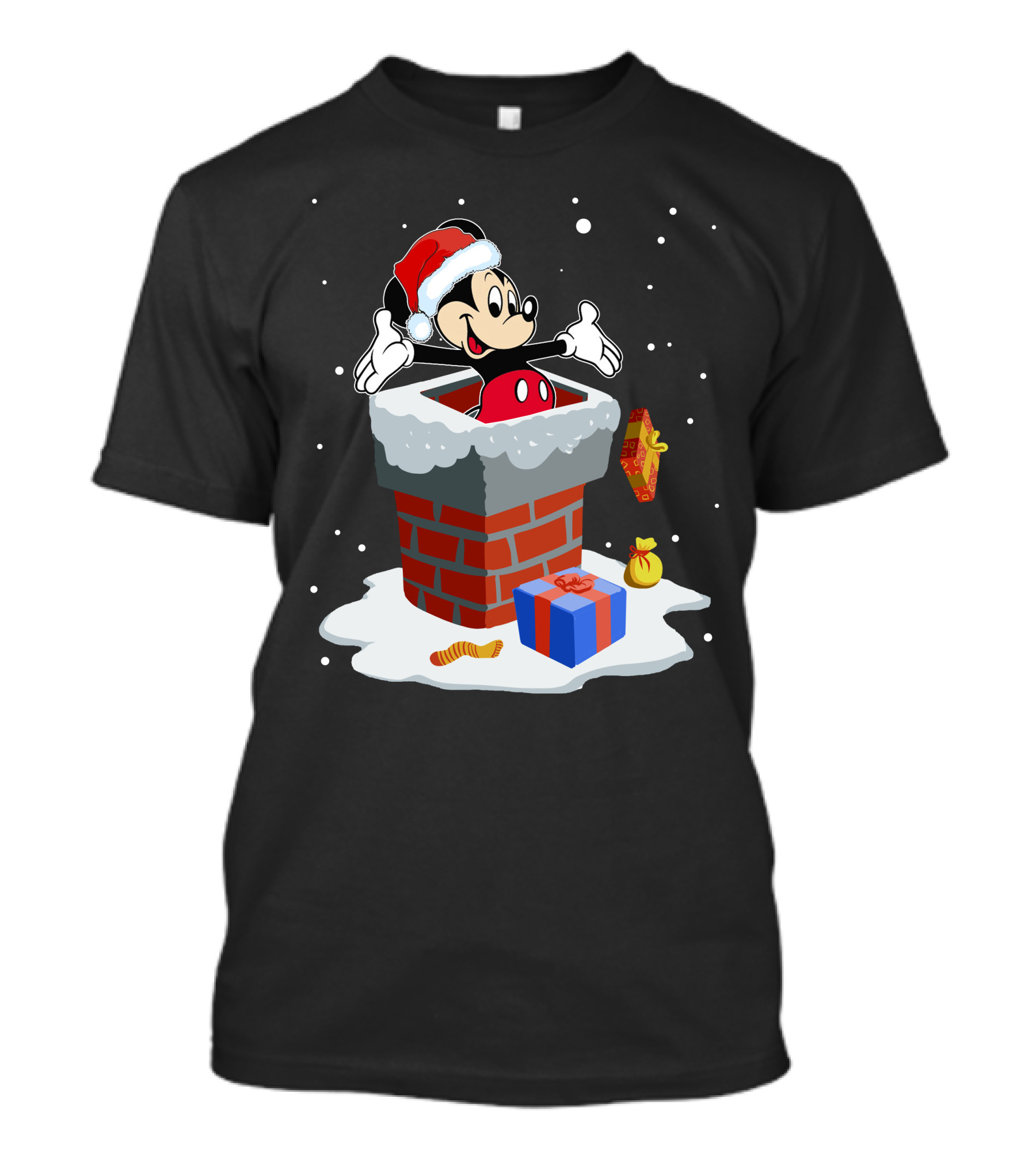 Mickey In Santa Hat Exiting Chimney With Gifts And Snow T-Shirt