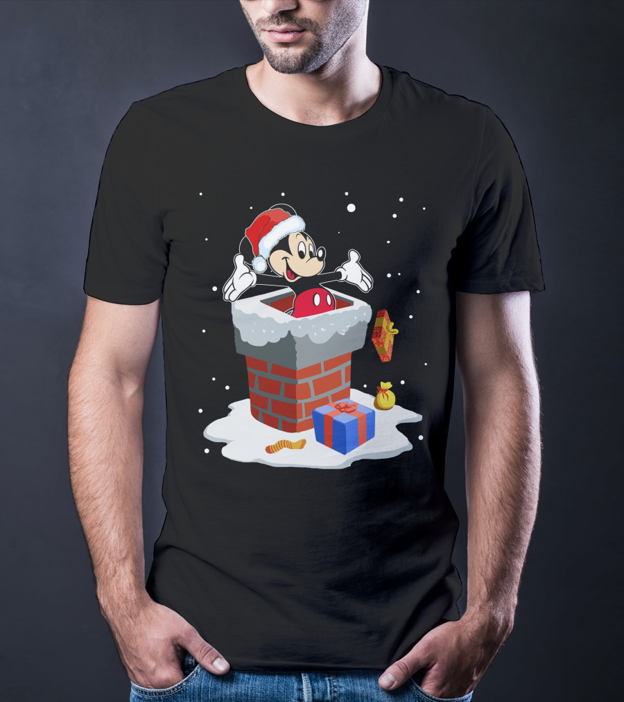 Mickey In Santa Hat Exiting Chimney With Gifts And Snow T-Shirt