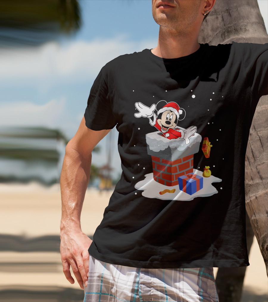 Minnie Mouse Santa In Chimney With Christmas Gifts And Snowflakes T-Shirt