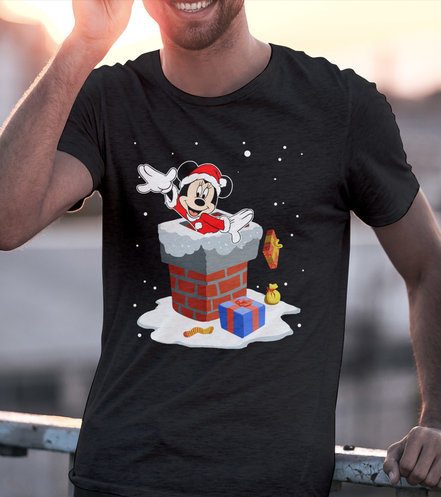 Minnie Mouse Santa In Chimney With Christmas Gifts And Snowflakes T-Shirt