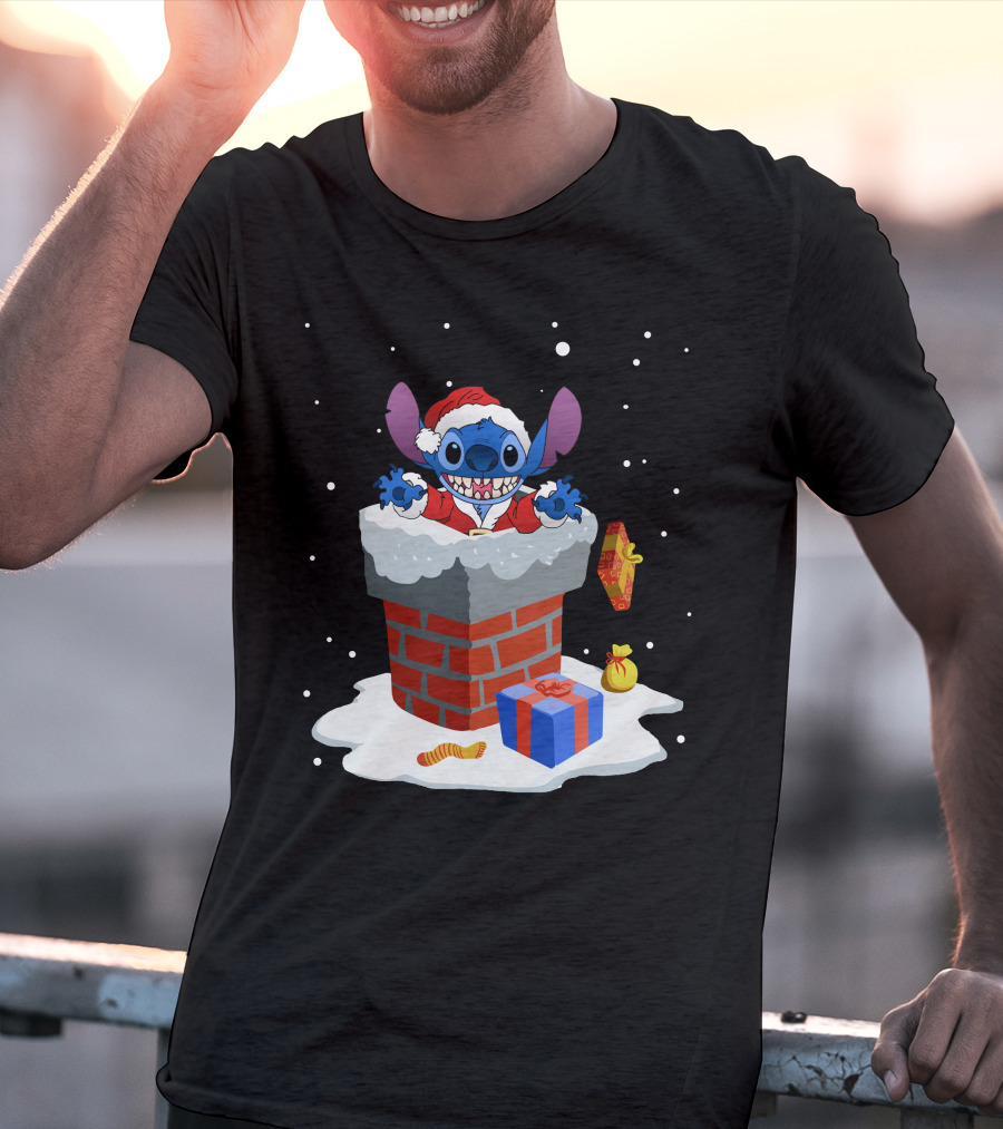 Stitch Santa Chimney Christmas Presents Snowfall T-Shirt