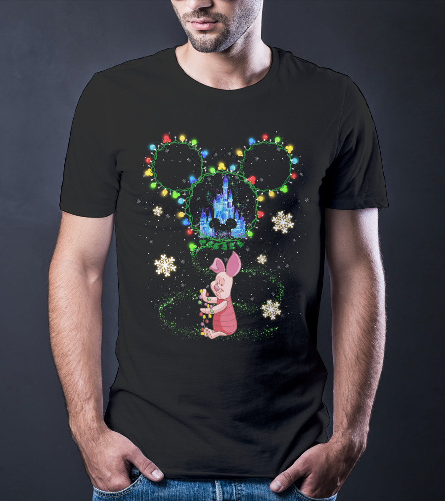 Piglet Christmas Lights Castle And Mouse Ears Snowflakes T-Shirt