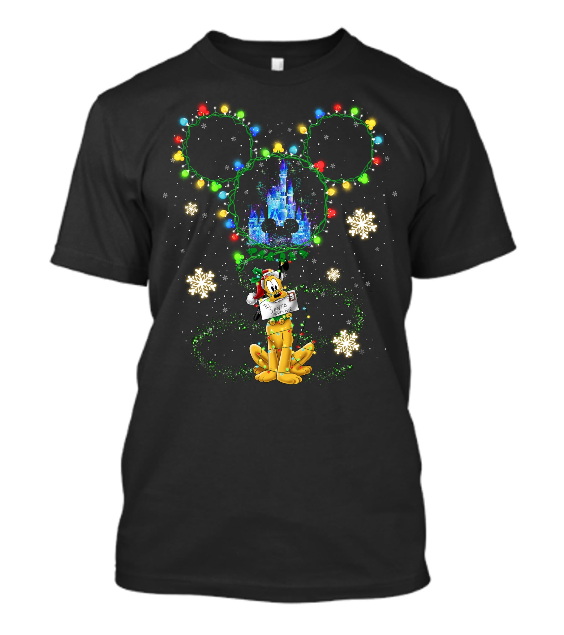 Pluto Santa Letter Mickey Ears Castle Snowflakes Christmas Lights T-Shirt