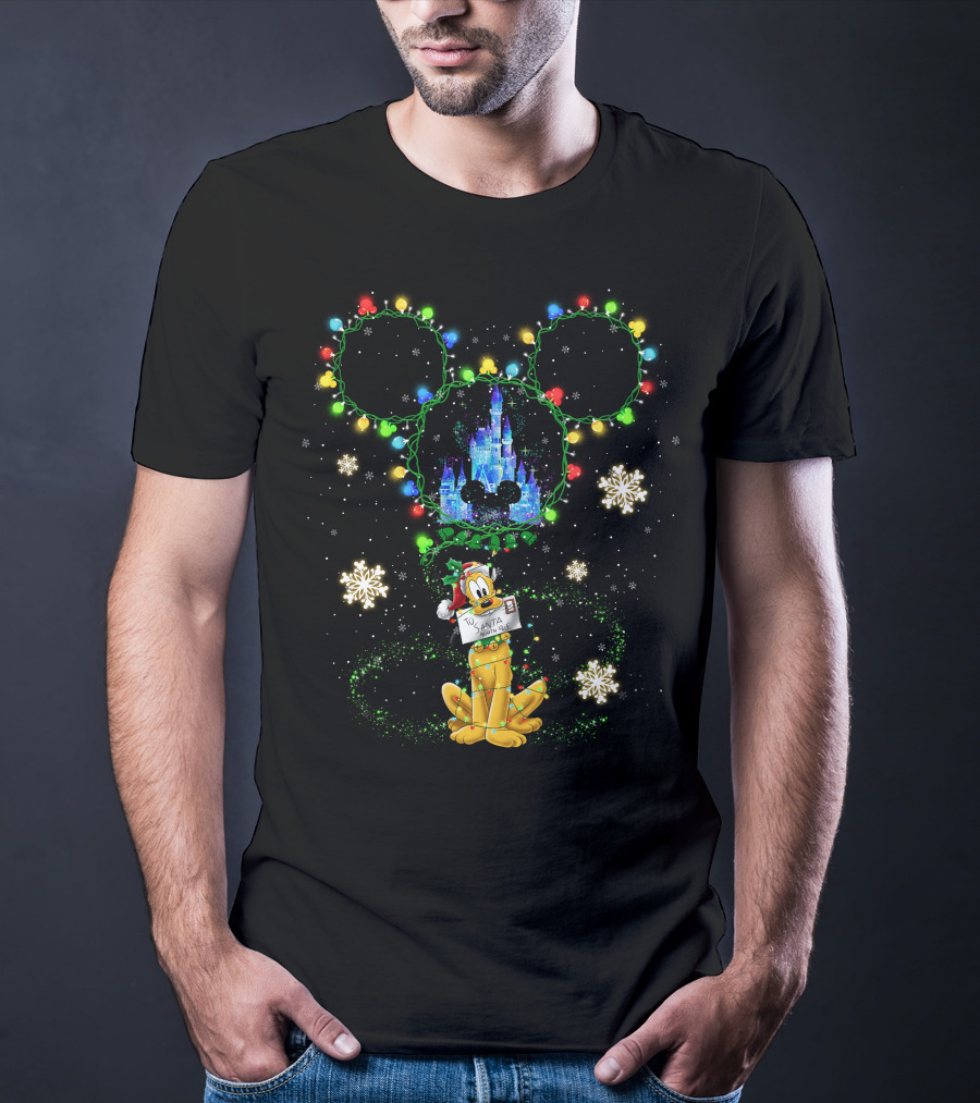 Pluto Santa Letter Mickey Ears Castle Snowflakes Christmas Lights T-Shirt