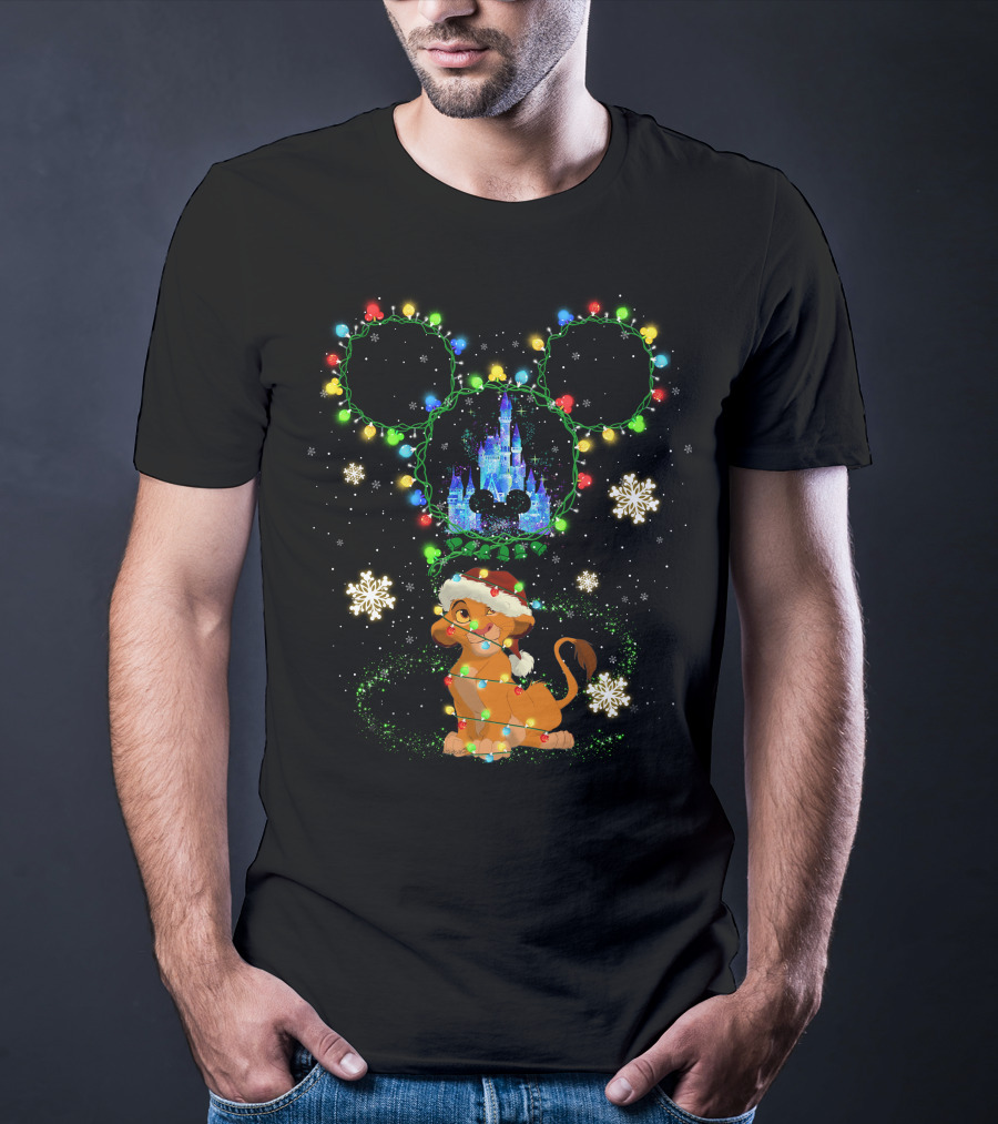 Simba Christmas Disney Castle Mickey Ears Lights Snowflakes T-Shirt