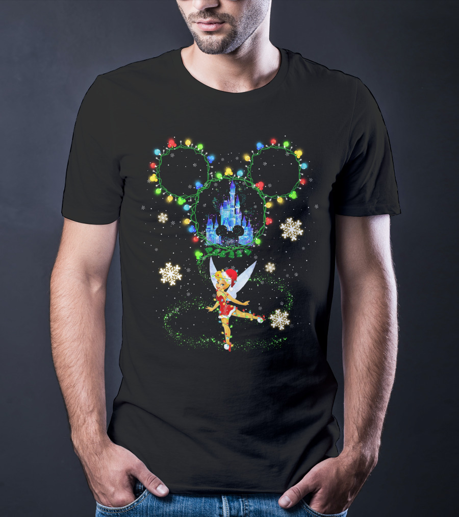 Tinker Bell Christmas Lights Mickey Ears Disney Castle Snowflakes T-Shirt