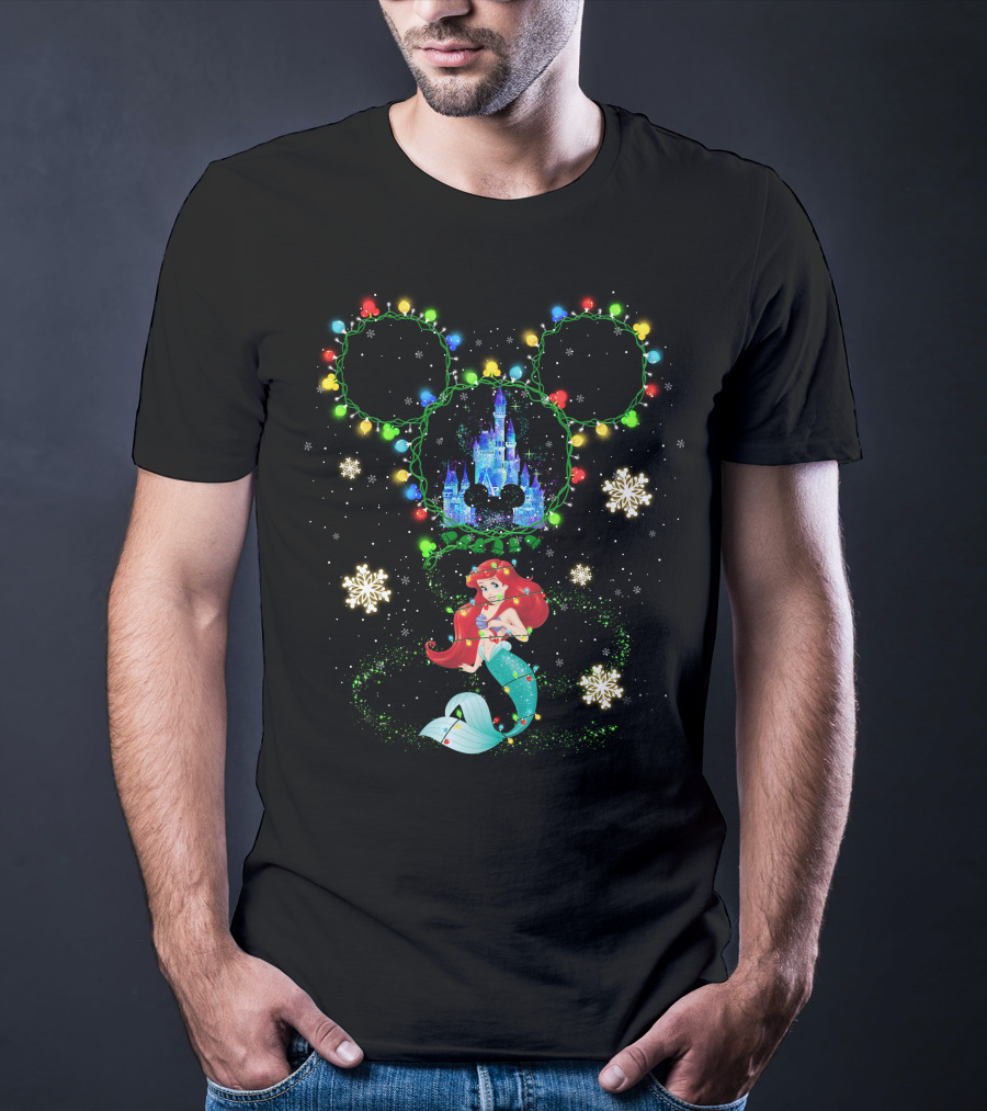 Ariel Disney Holiday Castle Snowflakes Lights T-Shirt