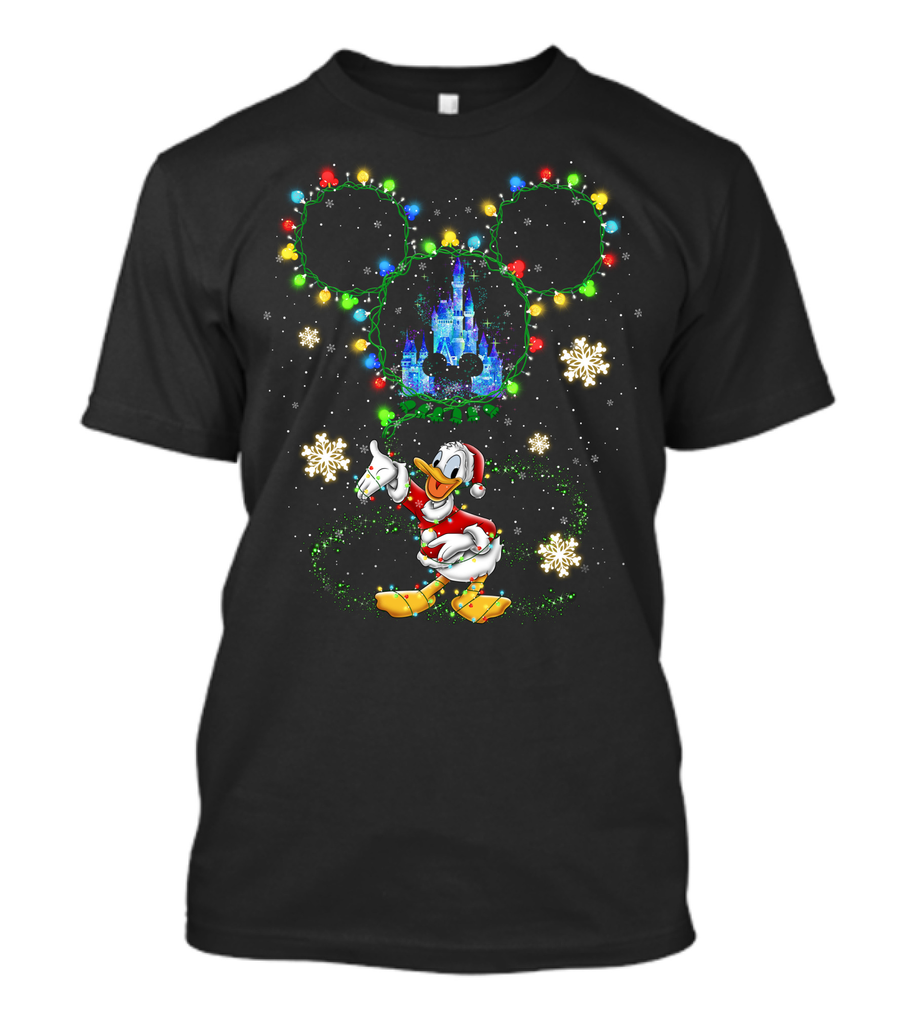 Donald Duck Disney Christmas Castle Snowflakes Lights Mickey Ears T-Shirt