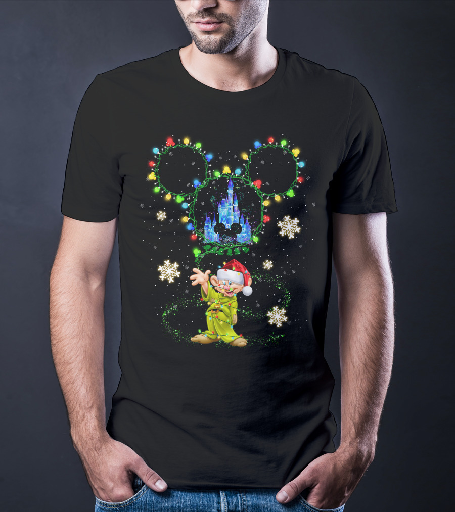 Dopey Christmas Castle Mickey Lights Snowflakes T-Shirt