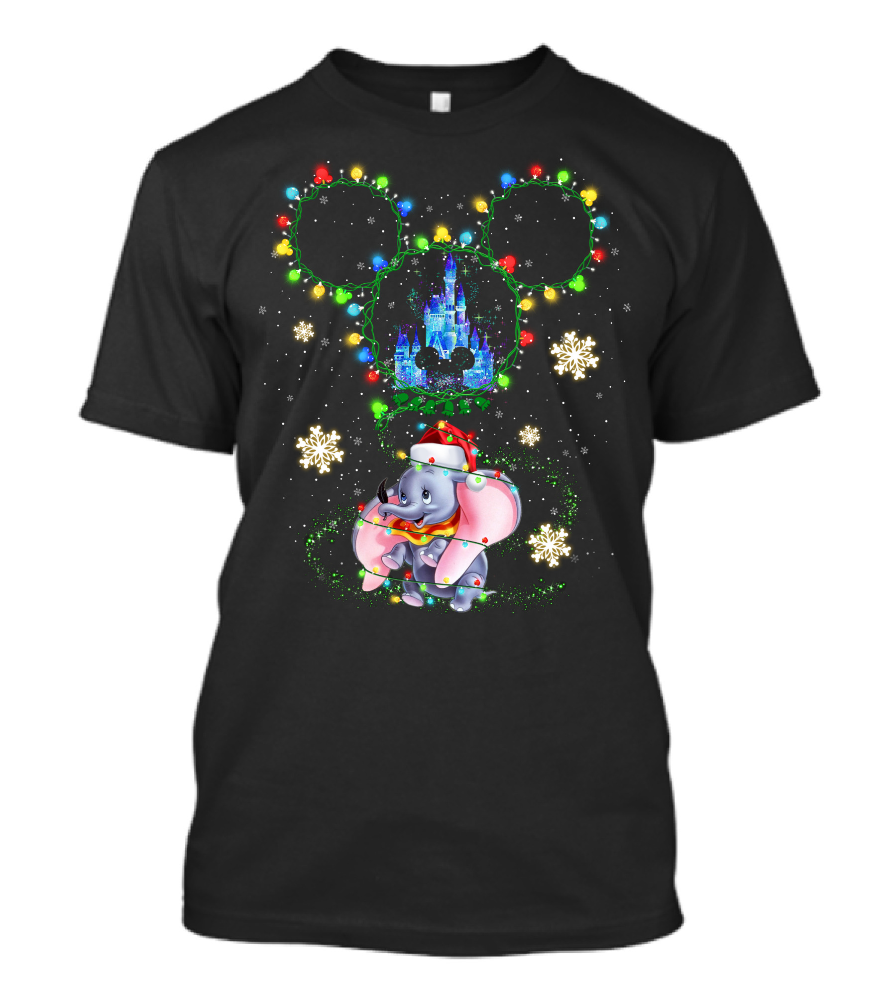 Christmas Dumbo With Castle And Mickey String Lights T-Shirt