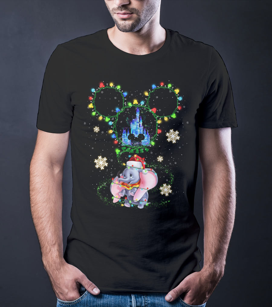 Christmas Dumbo With Castle And Mickey String Lights T-Shirt