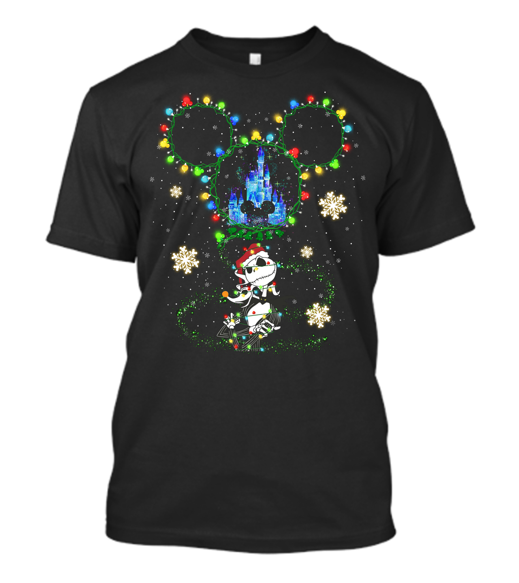 Jack Skellington Christmas Castle Mickey Lights Snowflakes T-Shirt