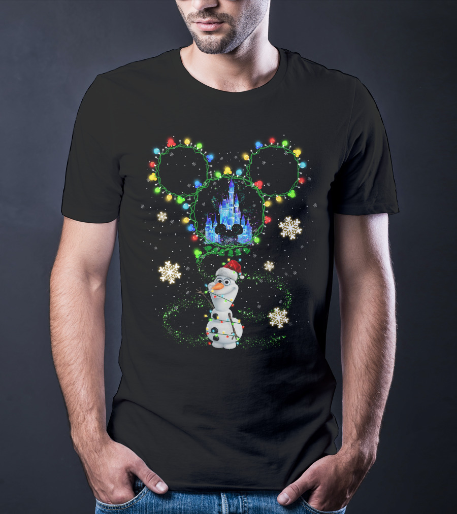 Olaf Christmas Lights Disney Castle With Mickey Ears Snowflakes T-Shirt