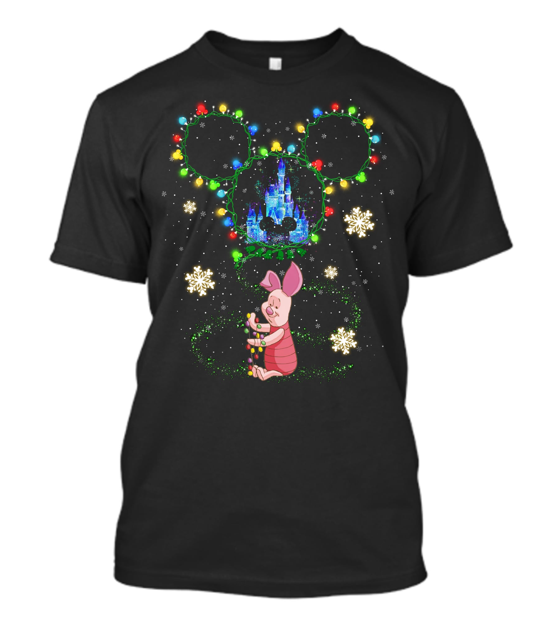 Piglet Christmas Castle Lights Mickey Ears Snowflakes T-Shirt