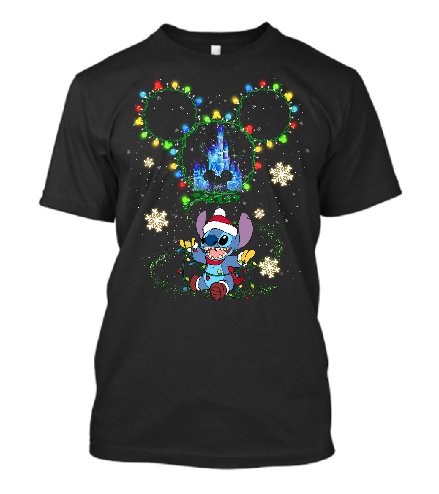 Disney Stitch Christmas Castle Lights Mickey Ears T-Shirt
