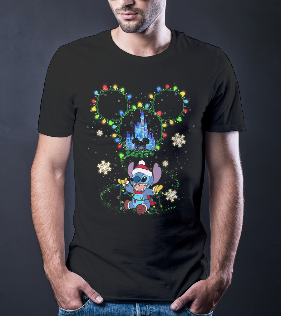 Disney Stitch Christmas Castle Lights Mickey Ears T-Shirt