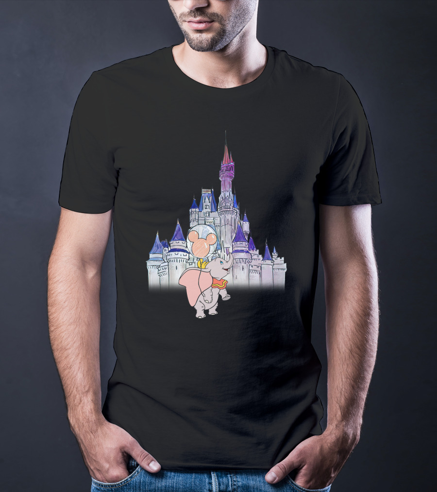 Dumbo With Mickey Balloon In Front Of Disney Castle T-Shirt