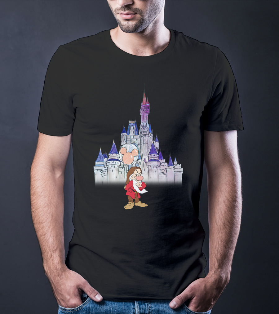 Grumpy Dwarf With Mickey Balloon At Disney Castle T-Shirt
