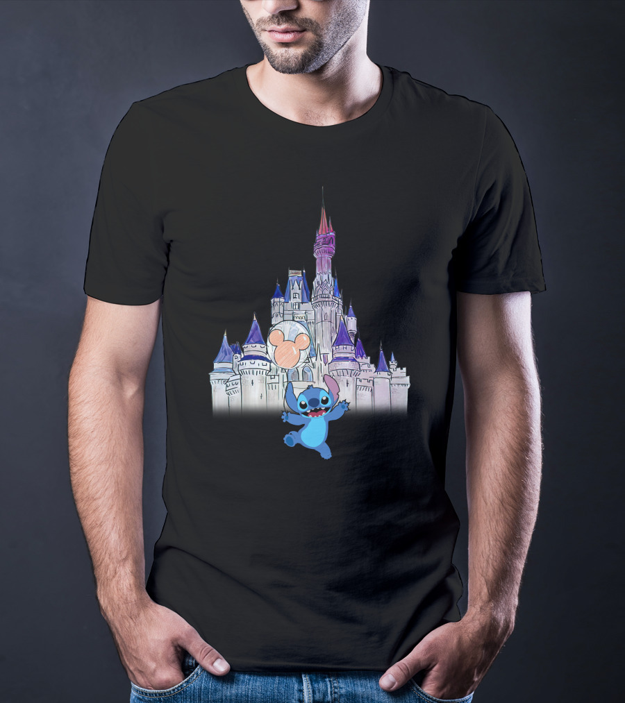 Stitch At Enchanted Disney Castle With Mickey Balloon T-Shirt
